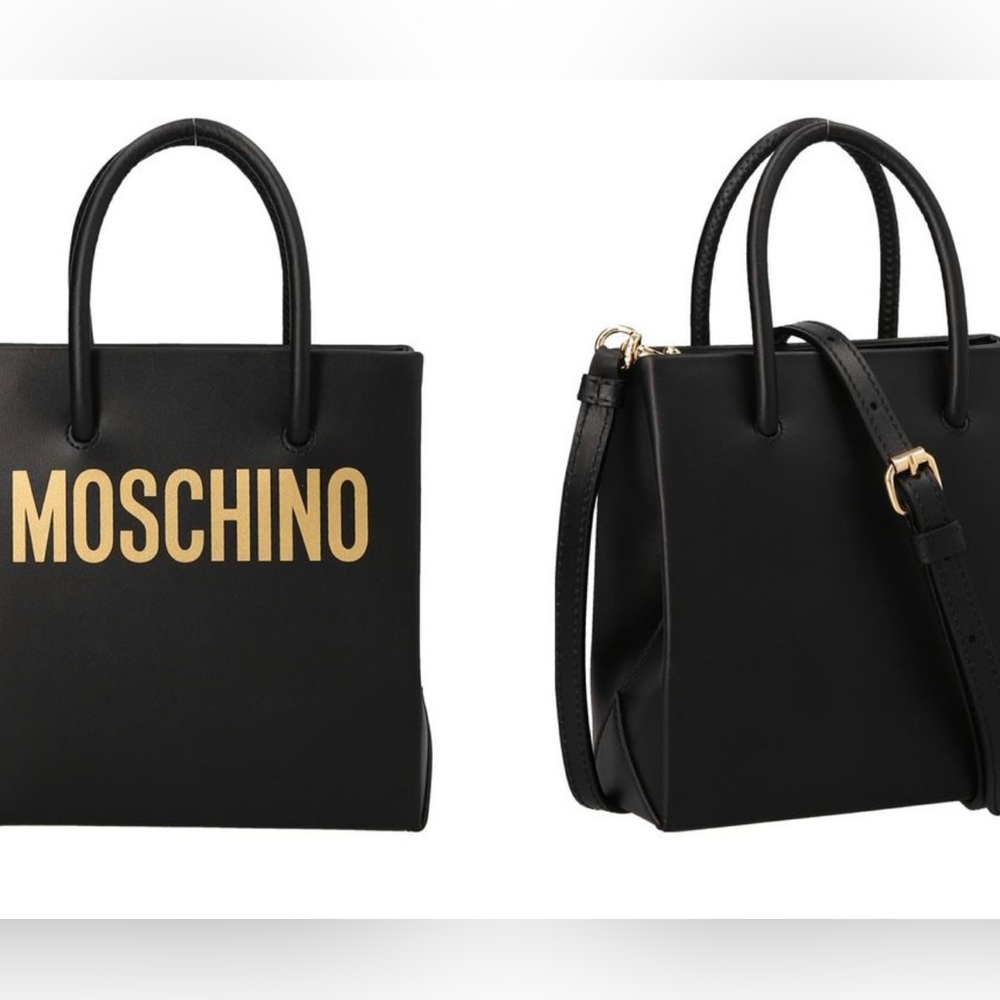 Moschino black small purse with “Moschino” in gold